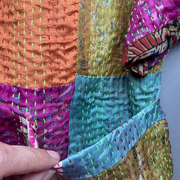 Sevya OS Handmade Kantha Patchwork Kimono Jacket Silk Boho Relaxed - Picture 8 of 12